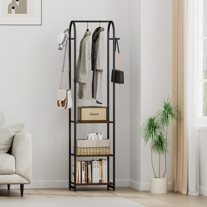 Garment Rack, Coat Rack With 3 Shelves and 4 Hooks, 71" H Clothes Stand For Hanging Clothes, Hanging Rod For for Bedroom, Hallway, Entryway, Office, Living Room, Rustic Brown and Black