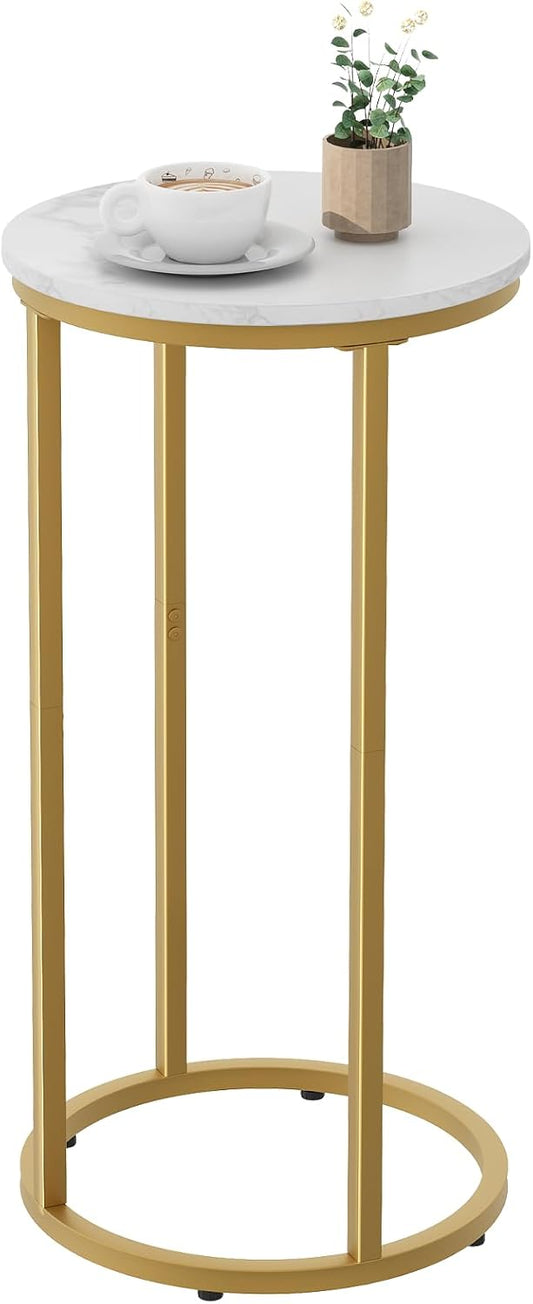 C Shaped End Table, Couch Side Tables for Living Room, Round Sofa End Table with Metal Frame, Small Wooden Snack Table for Bedroom, Small Spaces, Easy Assembly (Gold)