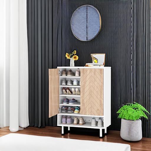 Tribesigns Shoe Cabinet, 18 Pair Rack Organizer Cabinet with Door, 6-Tier Modern Storage Shelves for Entryway Hallway Closet, White and Brown