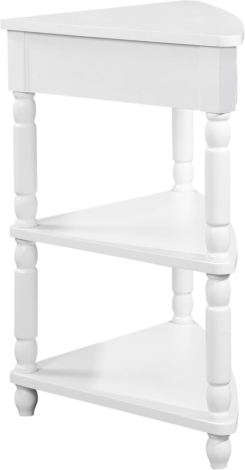 GDFStudio Trmxmbi 3 Tier Corner Console Table with 1 Storage Drawers and Shelves, 33.8'' Rustic Wood Triangle Sofa End Table for Small Spaces, Solid Wood Legs, Milk White