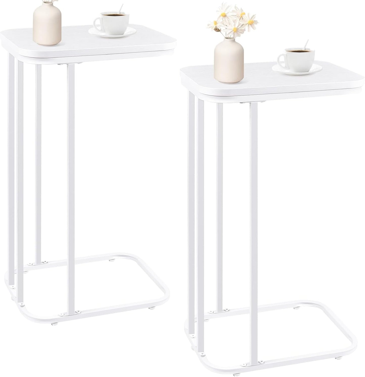 C Shaped End Table Set of 2, Small Side Table for Sofa and Bed, Couch Tables That Slide Under, Tall Tv Tray Table for Living Room, Bedroom, Snow White