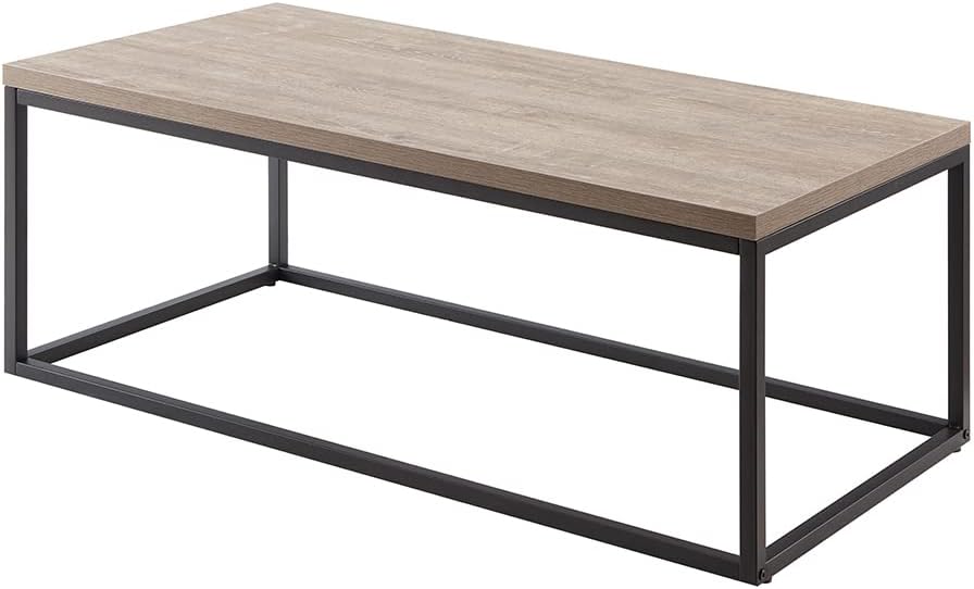 CENSI 40-in Grey Wash Accent Coffee Table Ottoman for Living Room, Rectangle, Mid-Century Modern Industrial Style, Extra Thick Top, Wood and Metal (French Oak)