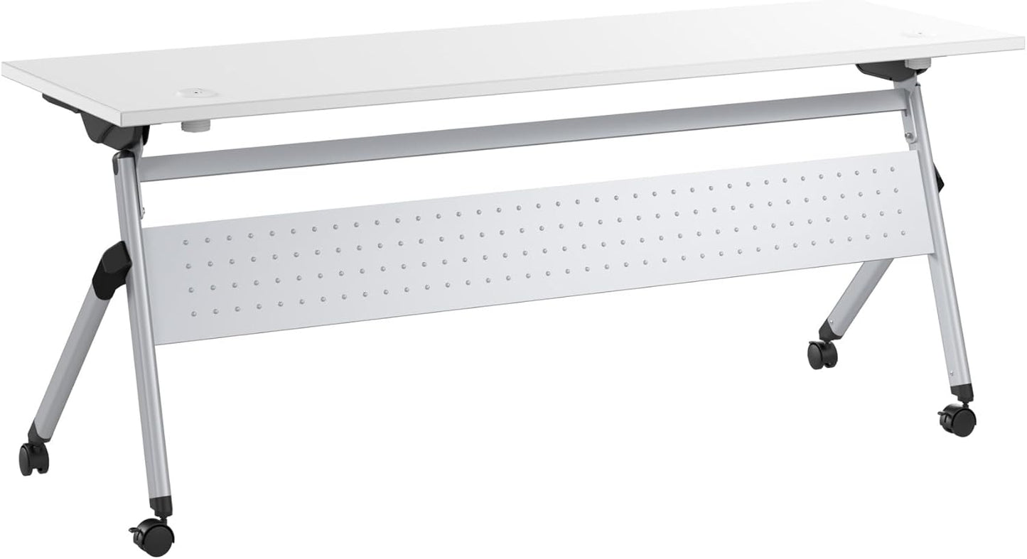 Bush Business Furniture Folding Training Table, 72 inch Desk with Powered Grommets, Commercial-Grade Bundle for Office or Classroom, Envision Collection, White