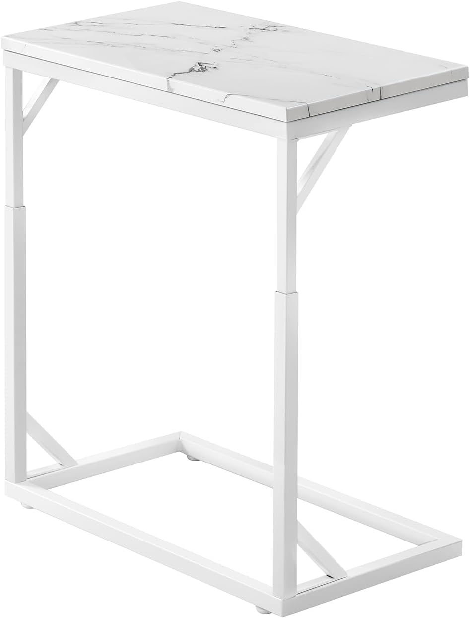 C-Shaped End Table, Small Sofa Table with Metal Frame, Adjustable Height Side Table for Couch, Living Room, Bedroom, Bedside (White, Medium)
