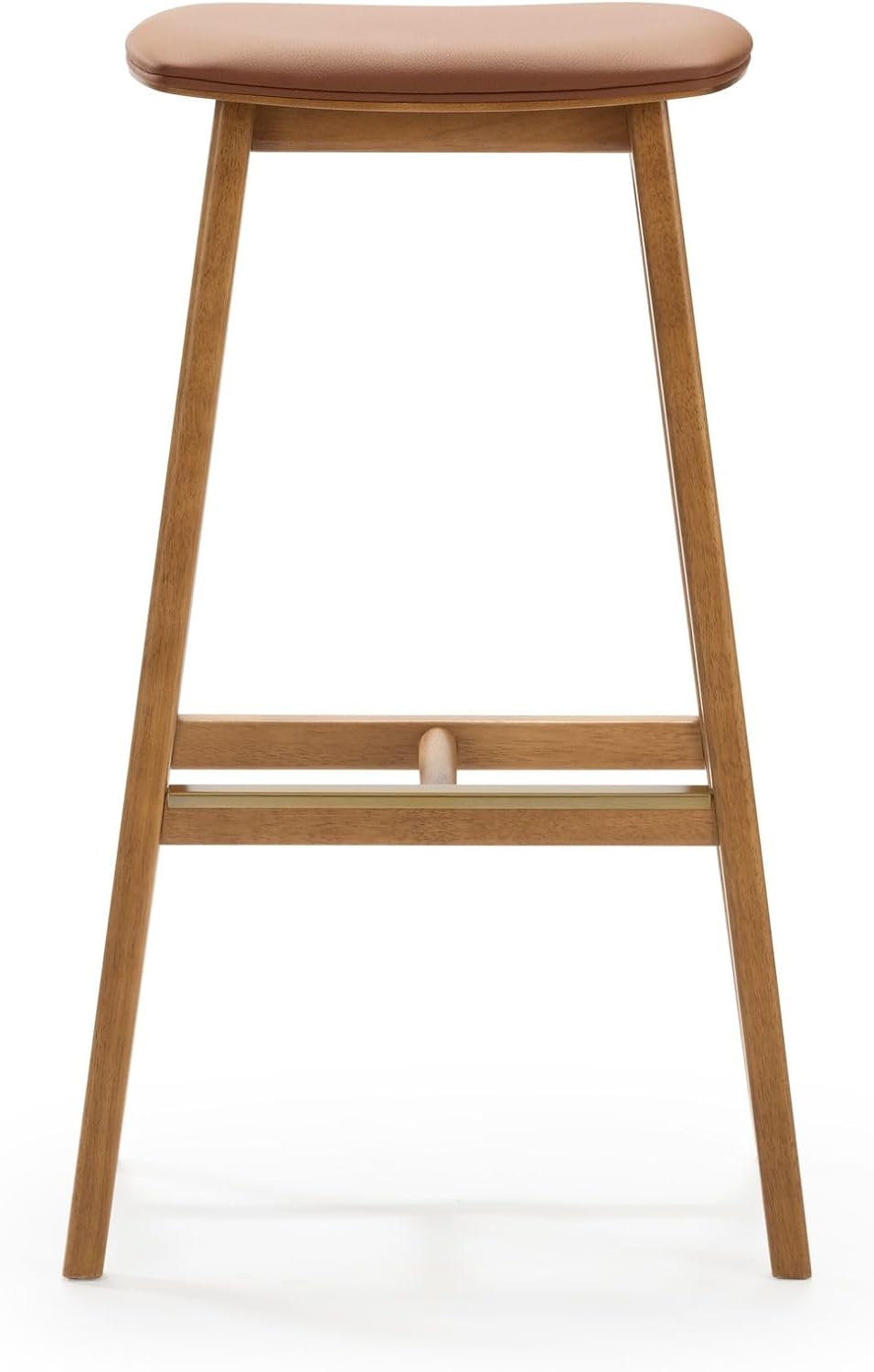 Plank+Beam Beryl Bar Height Stool - Mid-Century Modern Rubberwood Bar Stool with Faux Leather Seat, Metal Footrest, Easy Assembly, 2-Pack, Pecan/Toffee