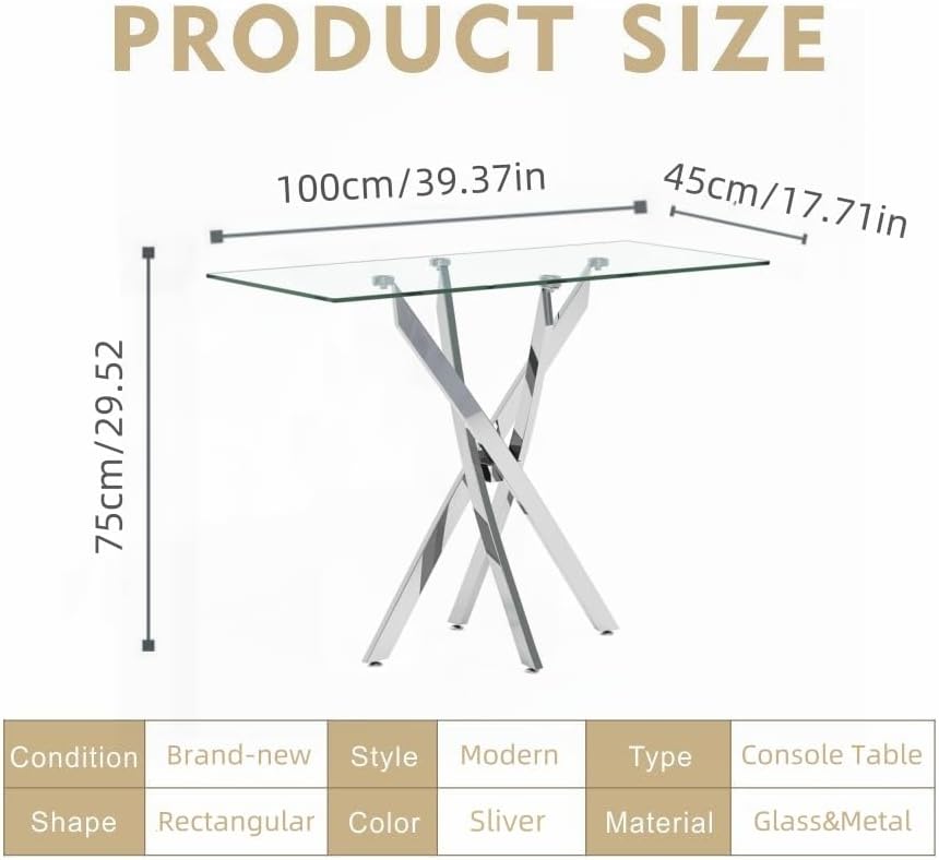 Tempered Glass Console Table with Chromed Legs, Modern Narrow Sofa Table for Hallway Entryway (Sliver, 39"x18"x30")