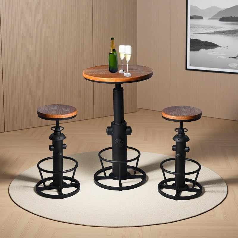 Industrial Bar Stools Kitchen Island Dining Chairs Swivel Wooden Seat Bar Counter Height Adjustable 25-31inch
