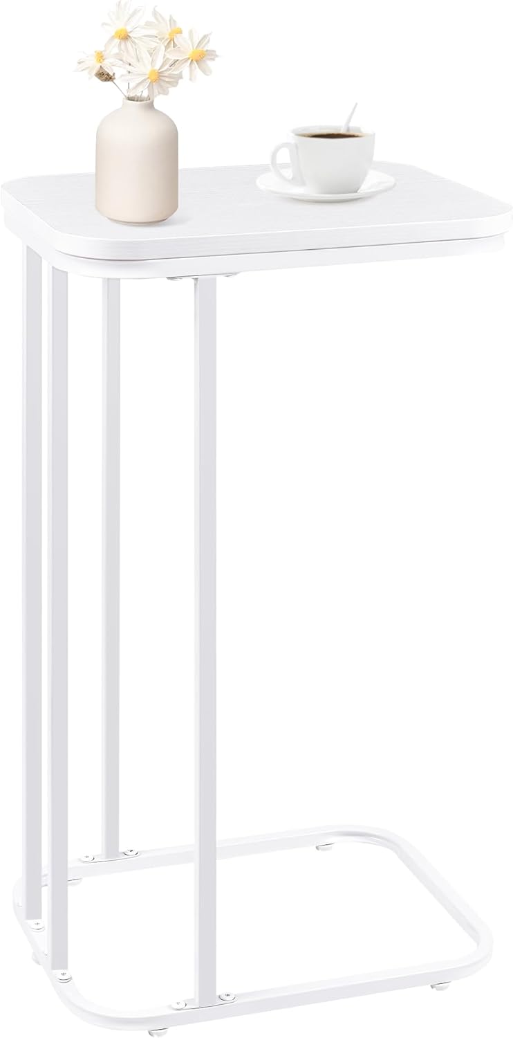 C Shaped End Table, 27 Inches High Small Side Table for Sofa and Bed, Couch Table That Slides Under, Tall Tv Tray Table for Living Room, Bedroom, Metal Frame, Snow White