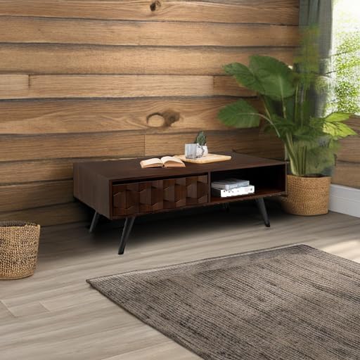 Bme Georgina Solid Wood Coffee Tables for Living Room, Coffee Table Mid Century Modern with 2 Symmetrical Storage Drawers & Geometric Details, Fully Assembled Center Table, Walnut