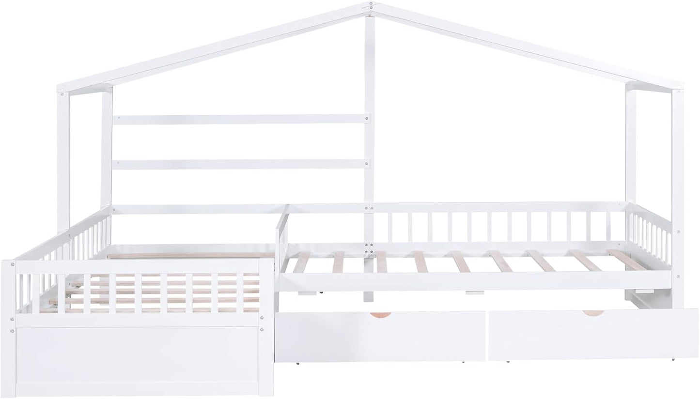 Twin Size House Platform Bed with Three Storage Drawers,Double Shared-Bed,2 in 1 Bed,L-Shaped Platform Bed for Boys Girls Shared Beds,Perfect complement to Any Small Space,White