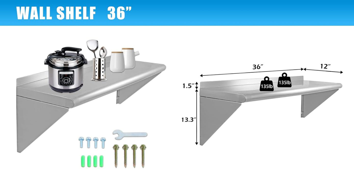 12''x36'' - 2PACKS Wall Mounted Stainless Steel Shelf NSF Commercial Metal Wall Mount Floating Shelving for Kitchen, Restaurant, Food Truck,Garage,Washrooms,Home&Hotel