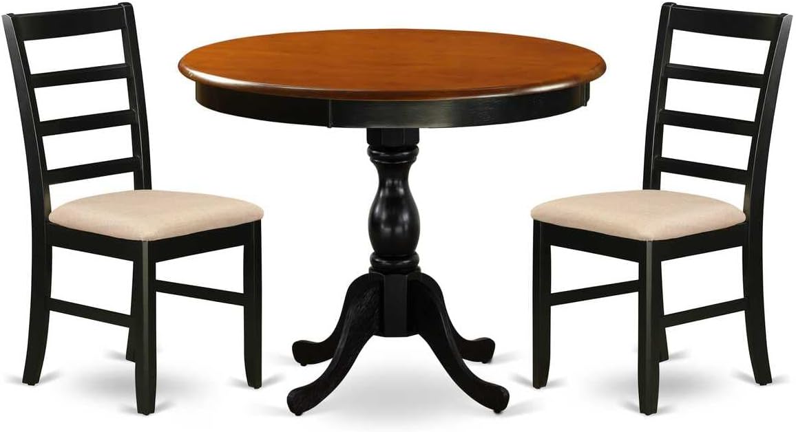 East West Furniture AMPF3-BCH-C 3 Piece Dining Table Set for Small Spaces Contains a Round Kitchen Table with Pedestal and 2 Linen Fabric Upholstered Chairs, 36x36 Inch, Black & Cherry