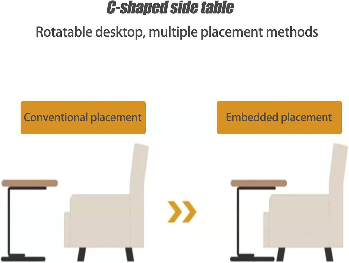 Pedestal C-Shaped Adjustable Small End Tables for Small Spaces Side Table,Desktop can Turn 360° and The Height of The Sofa Side Table can be Adjusted(Black Desktop + Black Bottom)