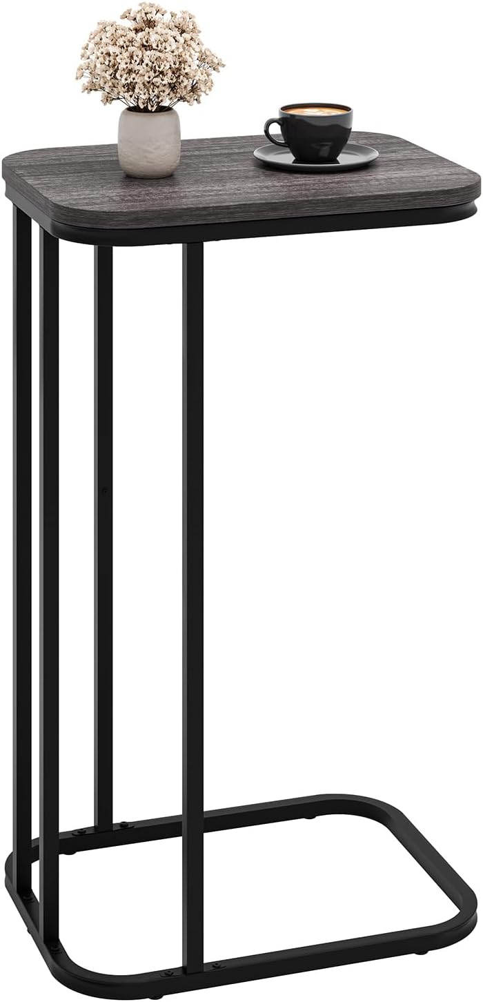 C Shaped End Table, 27 Inches High Small Side Table for Sofa and Bed, Couch Table That Slides Under, Tall Tv Tray Table for Living Room, Bedroom, Metal Frame, Black Oak