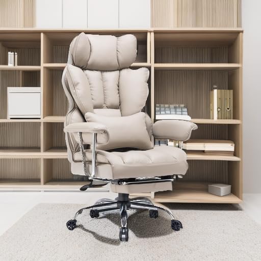 Efomao Big and Tall Office Chair 400lbs – High Back PU Leather Executive Chair with Lumbar Support, Footrest, Swivel Base, Padded Armrests, and Rolling Wheels for Home Office, Grey Computer Chair