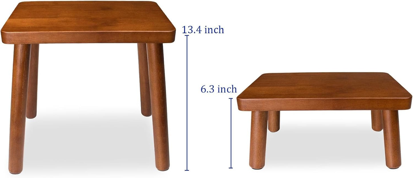 13.4inch Wooden Step Stool for Adults,Small Wooden Stool with Non-Slip Feet,Removable Plant Stand,Compact Square Design for Bedroom Office Bathroom Garden(Brown, Large)