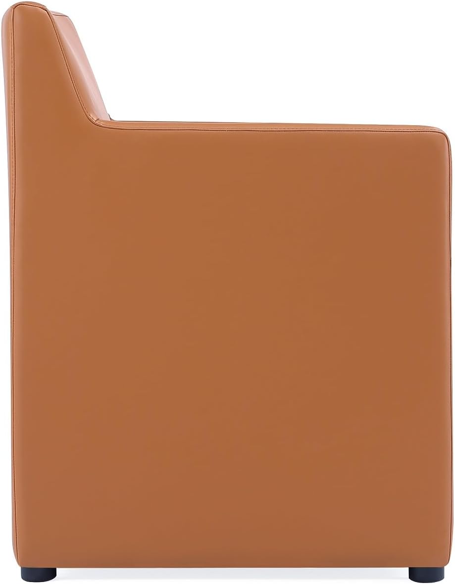 Manhattan Comfort Anna Square Modern Dining Chair with Arms, Head-to-Toe Faux Leather Upholstered Accent Armchair with Plastic Foot Padding, Set of 1, Saddle