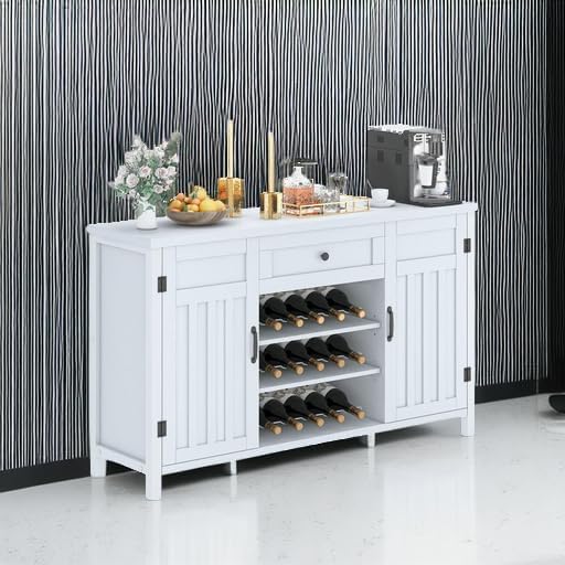 FATORRI Buffet Cabinet with Storage, Modern Coffee Bar Cabinet for Home Liquor, Sideboard Buffet Cabinets with Wine Rack, Kitchen Storage Cupboard with Drawer (White Oak)