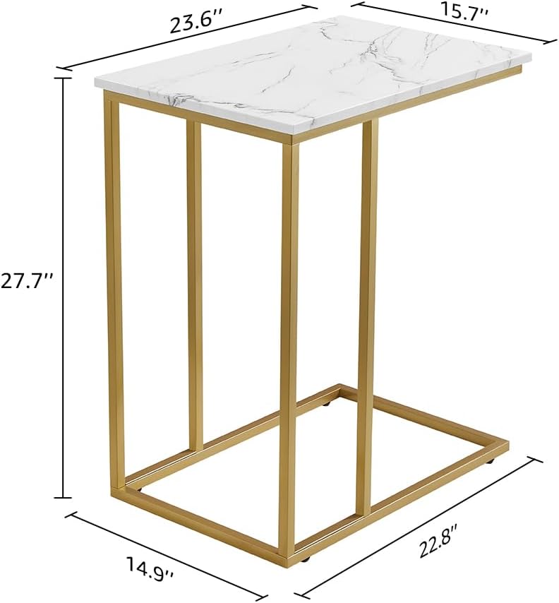 Large Size C Shaped Side Table End Table for Couch, Gold Side End Table with White Faux Marble Top, Modern Living Room Tray Table