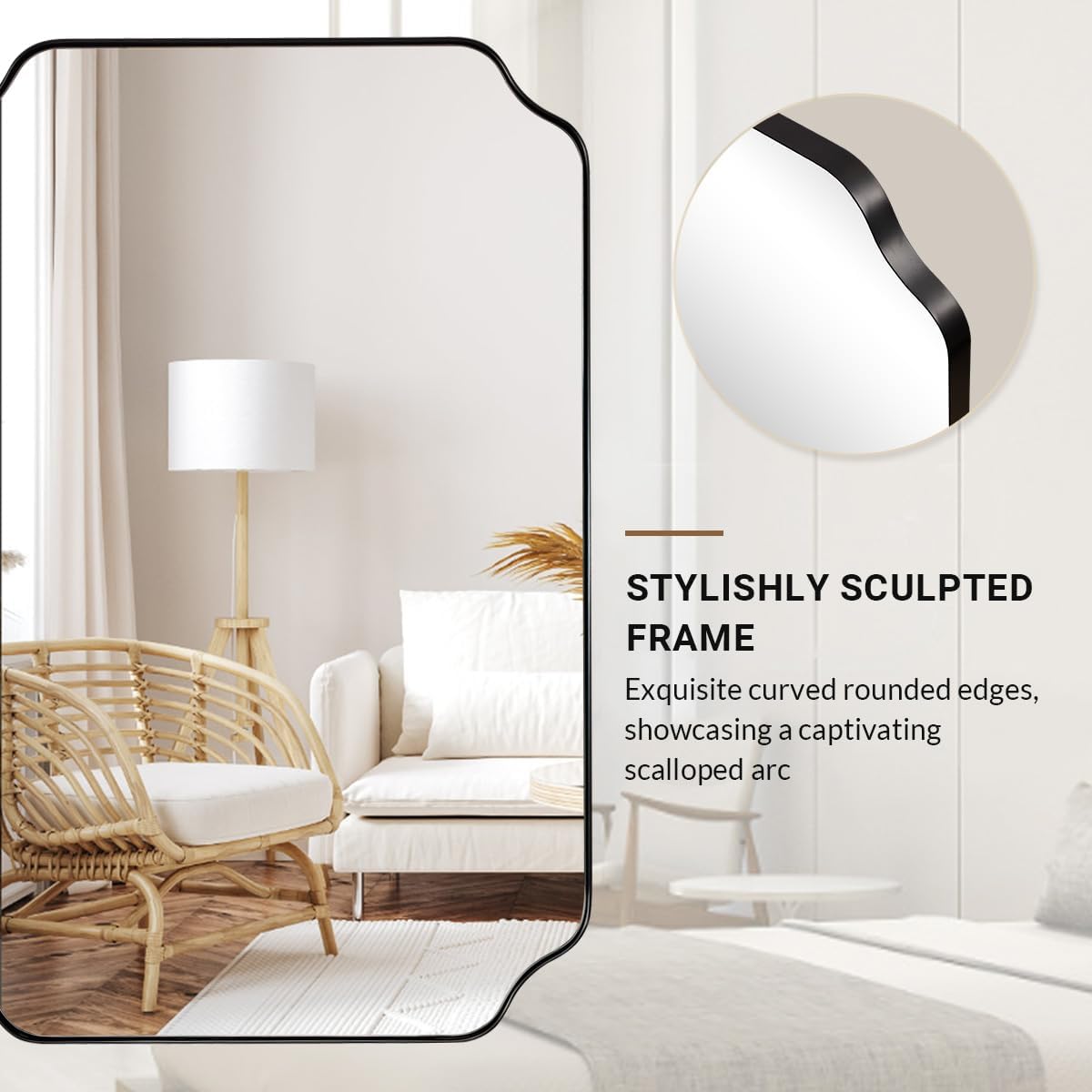 ANDY STAR Matte Black Mirror 26x38 Inch, Scalloped Wall Mirror, Unique Rectangular Bathroom Mirror in Premium Stainless Steel Metal Frame 1’’ Deep, Hangs Vertically/Horizontally