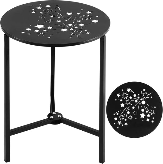 1 Pack 13" Metal Outdoor Side Tables Small Black Outside End Table for Patio Round Accent Corner Stand for Small Spaces Weather-Resistant Coffee Table for Balcony Porch Plant Stand, Starlight Pattern