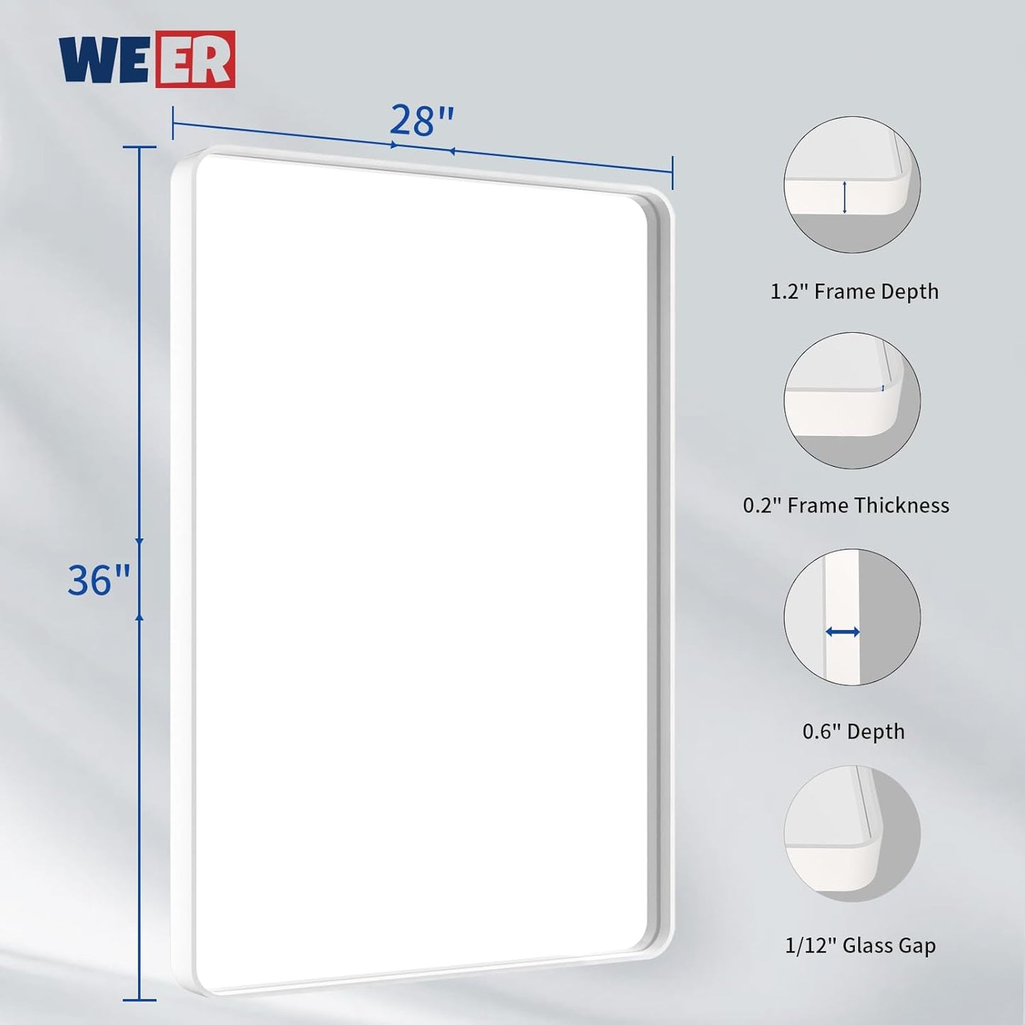 WEER White Bathroom Mirror 28X36 Inch, Rounded Rectangle White Metal Frame Mirror, Matte White Bathroom Vanity Mirror with Tempered Glass, Anti-Rust, Hangs Horizontally or Vertically