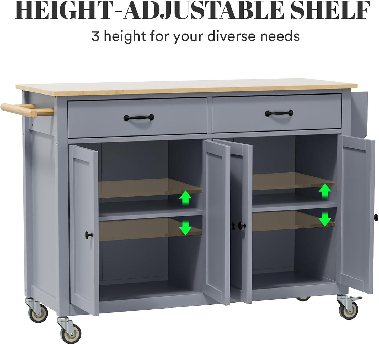 Rovibek Large Kitchen Island on Wheels with Storage 54 in Width Mobile Moveable Portable Rolling Wood Islandfor Kitchen Dining Room with Drawers Cabinet Spice Rack Towel Rack