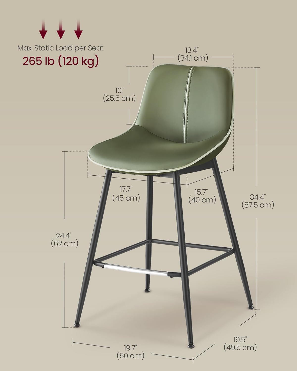 VASAGLE Bar Stools Set of 2, Counter Height Bar Stools with Back, Ergonomic Backrest, Synthetic Leather, Metal Legs, 24.4-Inch Tall Barstools for Kitchen Island Home Bar, Easy Assembly, Forest Green