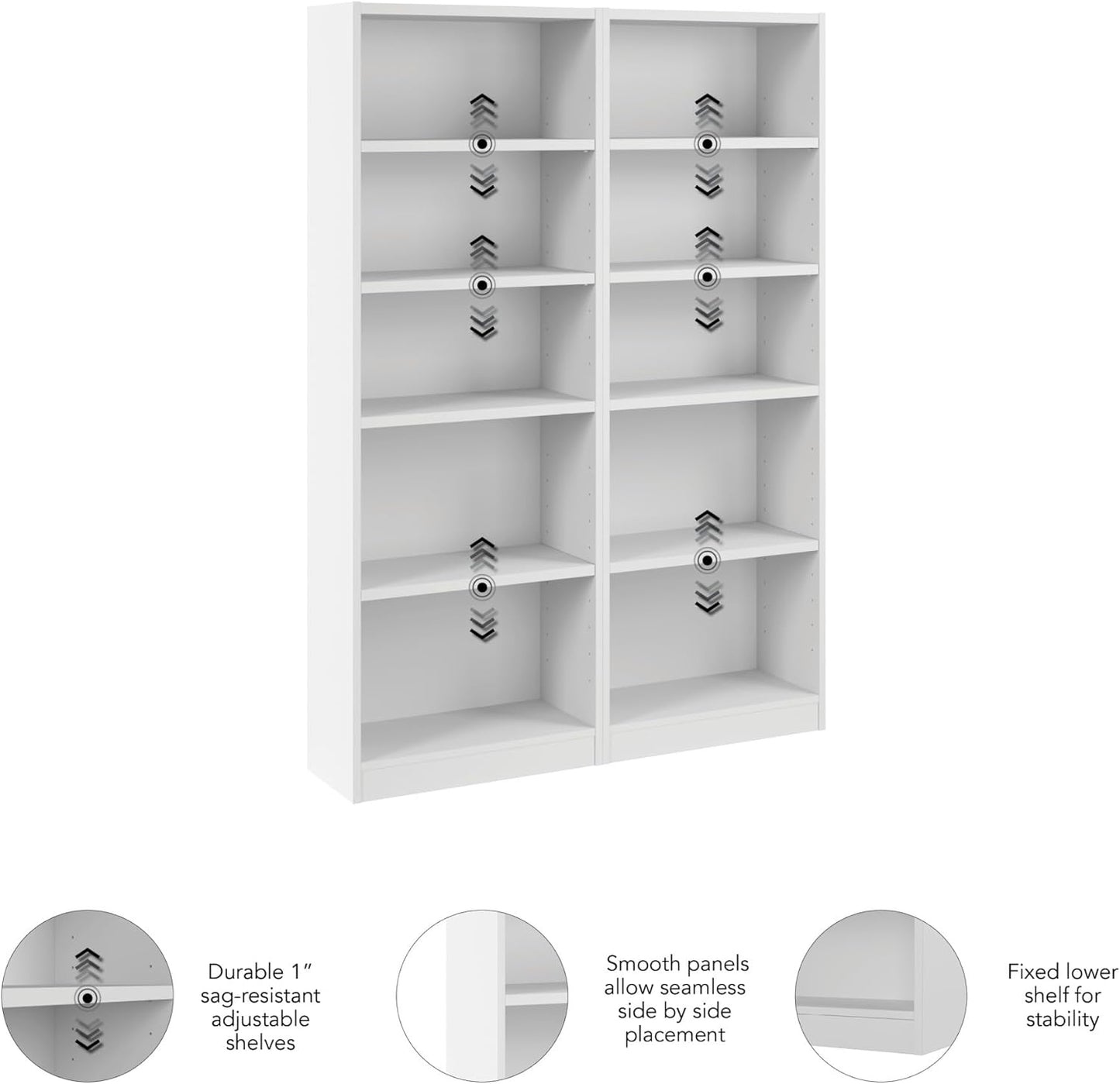 Bush Furniture Universal 25W Tall 5 Shelf Bookcase in White - Set of 2, Matching Storage and Display Bookshelves for Home Office or Living Room Organization