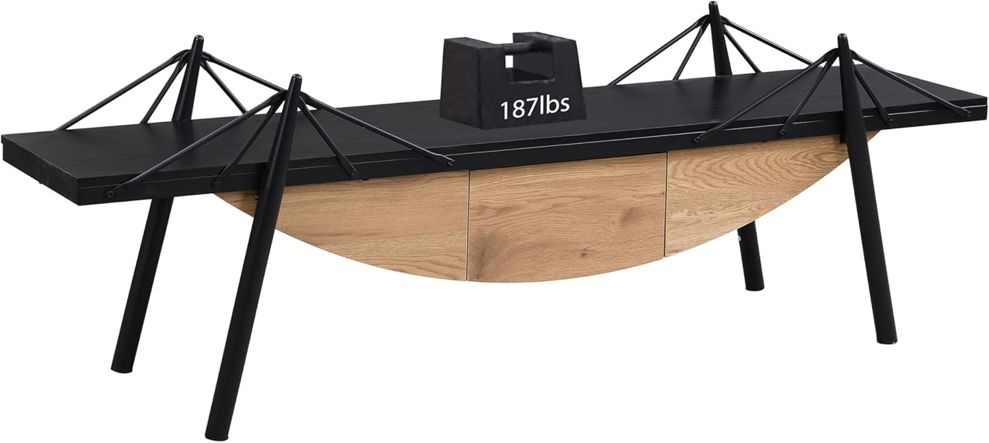 1 Tier Modern Boat-Shaped Bookshelf with Drawer, Black & Natural, 70.9" Long Horizontal Low Shelf for Storage Display Decoration, Sturdy MDF & Metal Industrial Frame, for Bedroom, Office