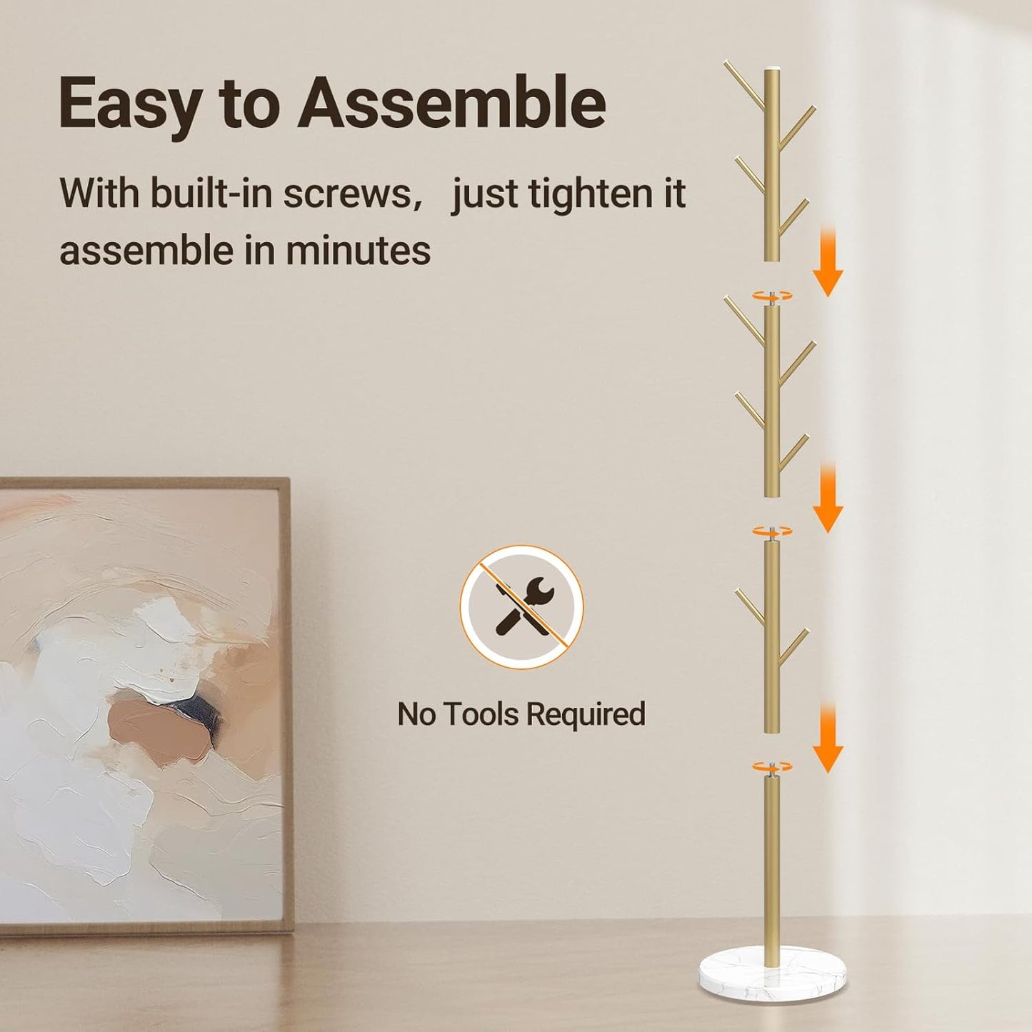 ELYKEN Coat Rack Freestanding with Natural Marble Base, Metal Coat Rack Stand with 10 Hooks, 3 Adjustable Size Coat Tree for Bags, Clothes, and Hats for Entryway, Bedroom, Hallway, Office, Gold