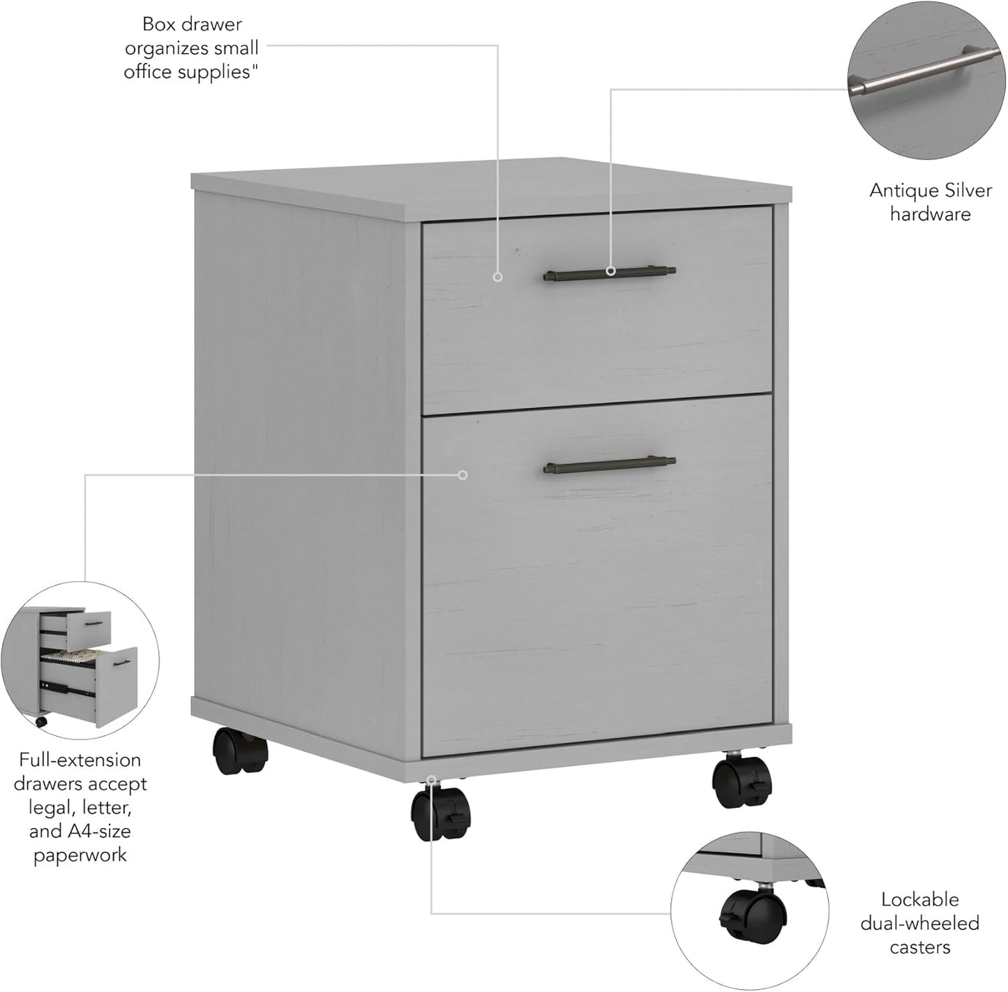 Bush Furniture Key West 2 Drawer Rolling File Cabinet in Cape Cod Gray Mobile Organization for Home Office Small Under Desk Storage on Wheels