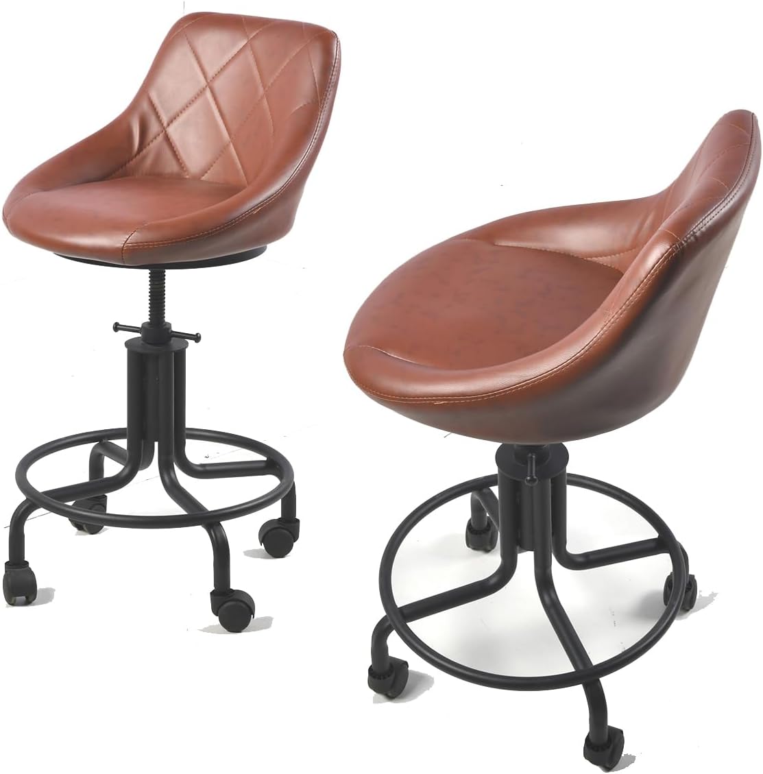 Topower Antique Industrial Design Metal Adjustable Height Kitchen Dining Breakfast Chair Industrial Style Bar Stool with Wheels, Fully Welded, Brown PU Leather Sea