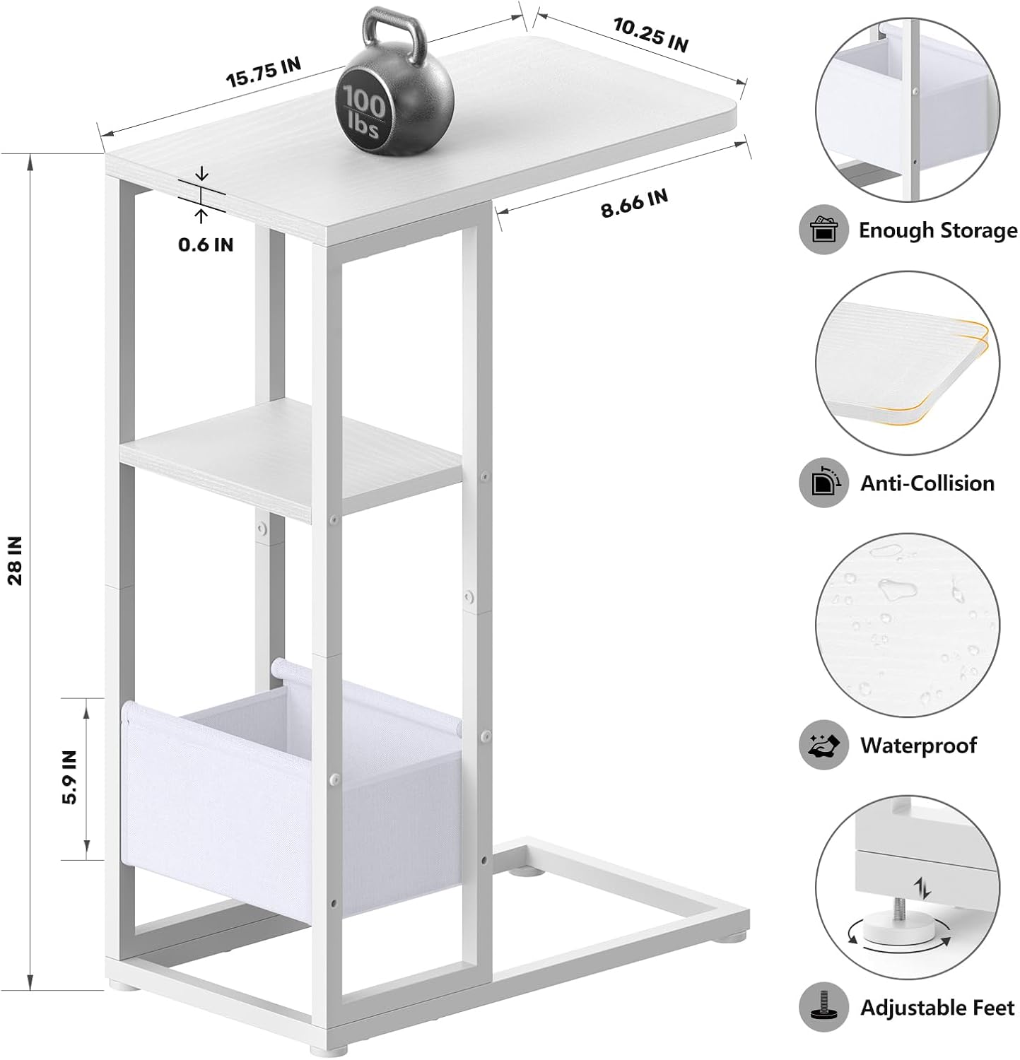 C Shaped End Table, Small Side Table for Couch, Recliner, Slide Under Sofa Tray Desk Snack Tables with Storage Bag for Living Room,Bedroom, Small Spaces - White