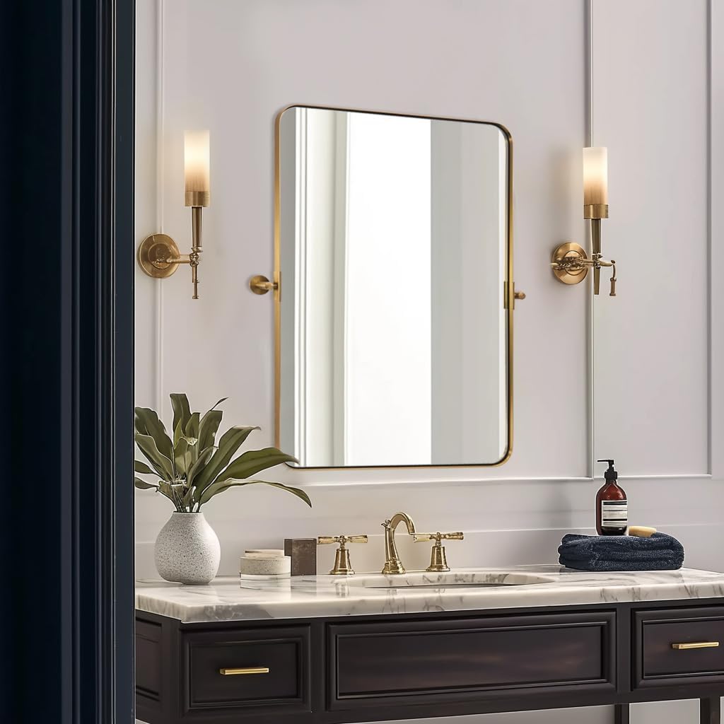 MOON MIRROR Brushed Gold Pivot Mirror,Brass Tilt Vanity Rectangle for Bathroom, Overall 26.33 x 30 in (Mirror 22x 30 in)