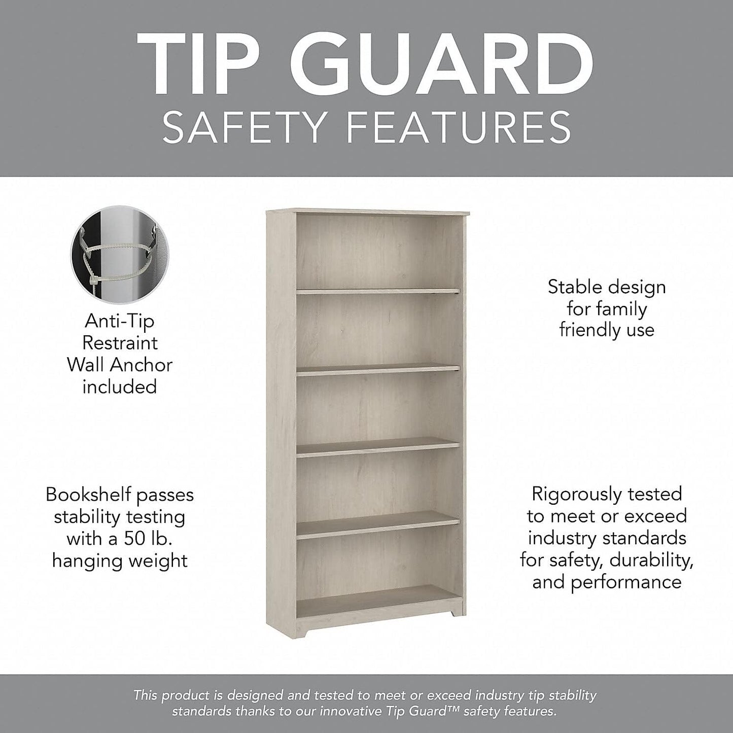 Bush Furniture Cabot Tall 5 Shelf Bookcase | Large Open Bookshelf in Linen White Oak | Sturdy Display Cabinet for Library, Living Room, and Home Office