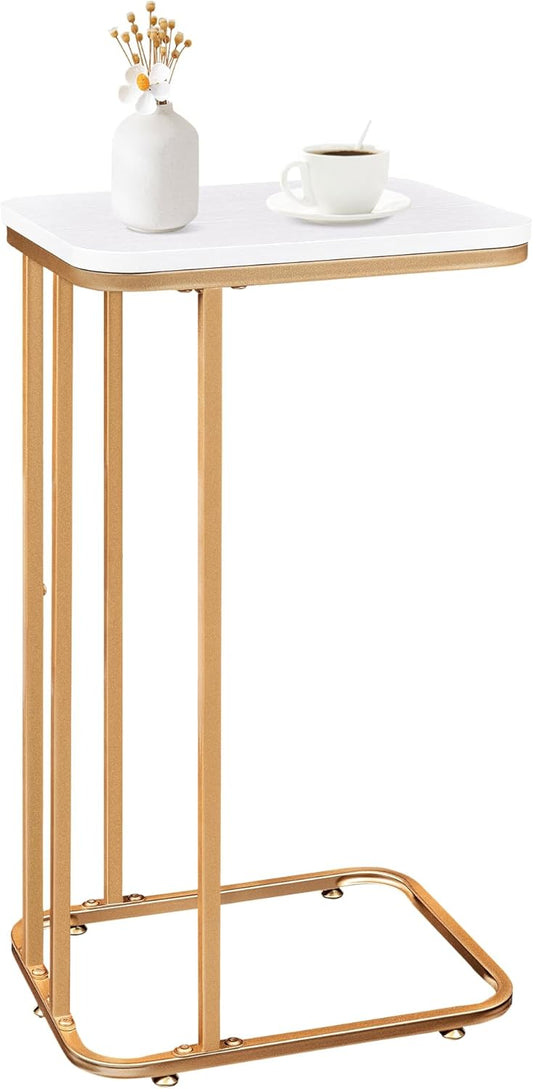 C Shaped End Table, 27 inches High Side Table for Couch Sofa Bed, Small Tv Tray, for Living Room, Bedroom, Metal Frame, Gold & White