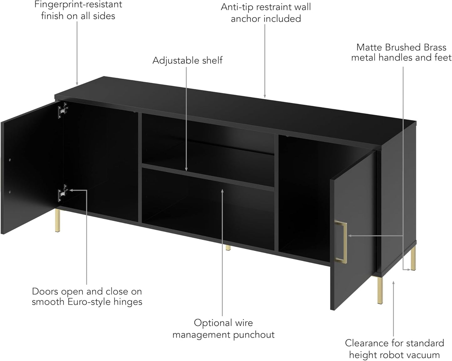 Bush Home Essence 58W TV Stand with Storage, Living Room Furniture, Essence Collection, Black Stipple