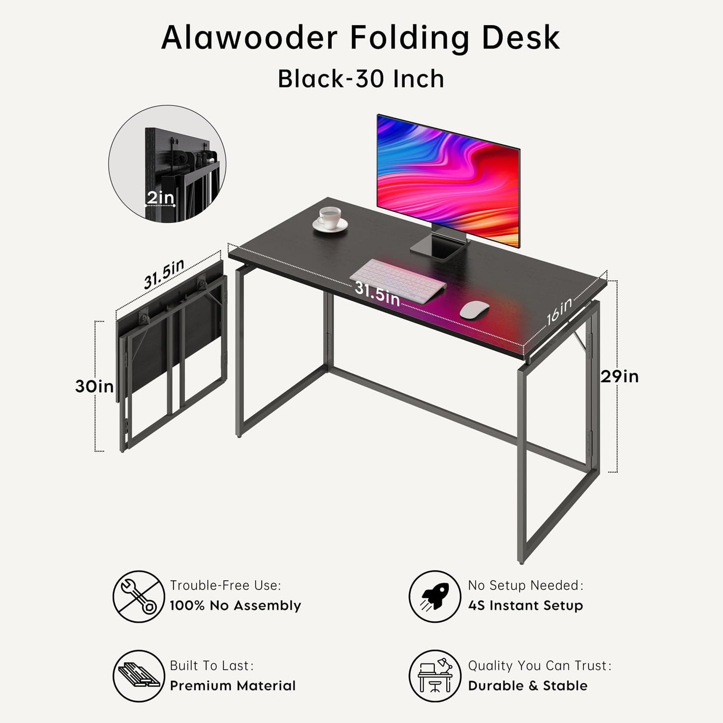 Folding Desk 30 Inch - Small Foldable Desk for Small Space Minimalist, Space Saving Collapsible Compact Desk Portable Table for Craft, Writing, Study and Work (No Assembly Required)