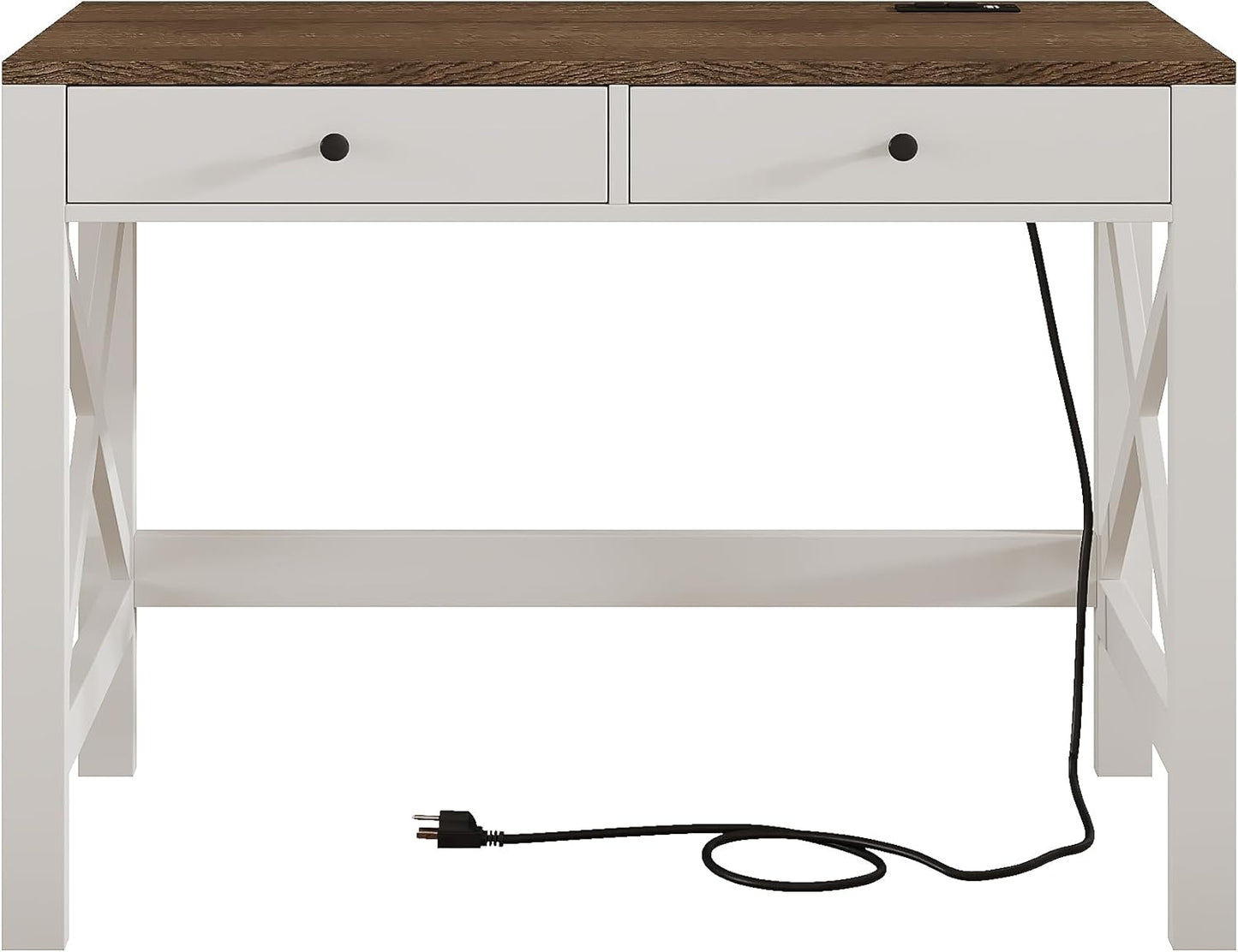 ChooChoo Farmhouse Desk with USB Charging Ports and Power Outlets, 39" Computer Desk with Drawers, Small Study Writing Table with Stable X Frame for Home Office