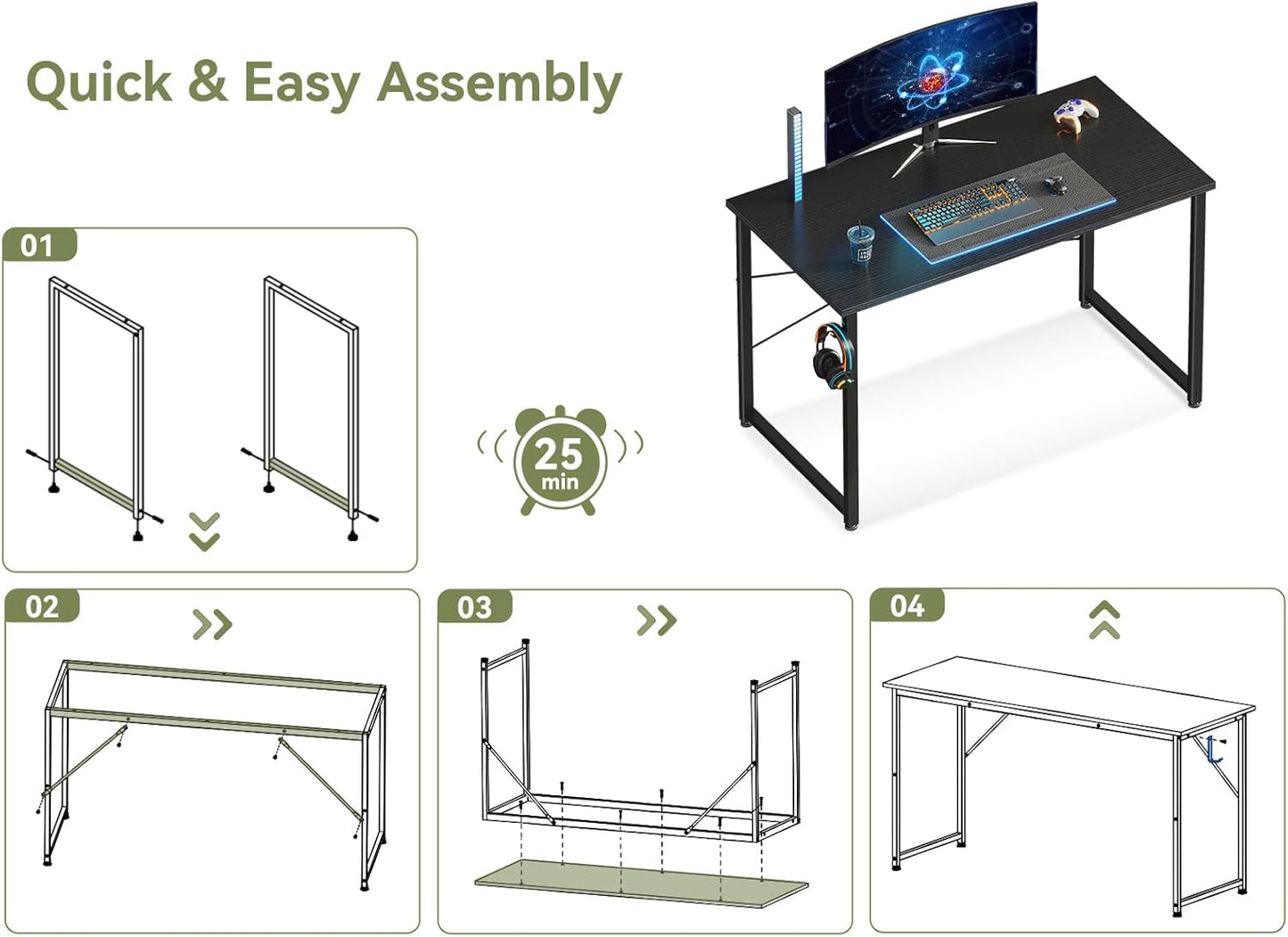 ODK 40 Inches Small Computer Desk, Home Office Desk for Small Spaces, Writing Desk with Headphone Hooks, Black