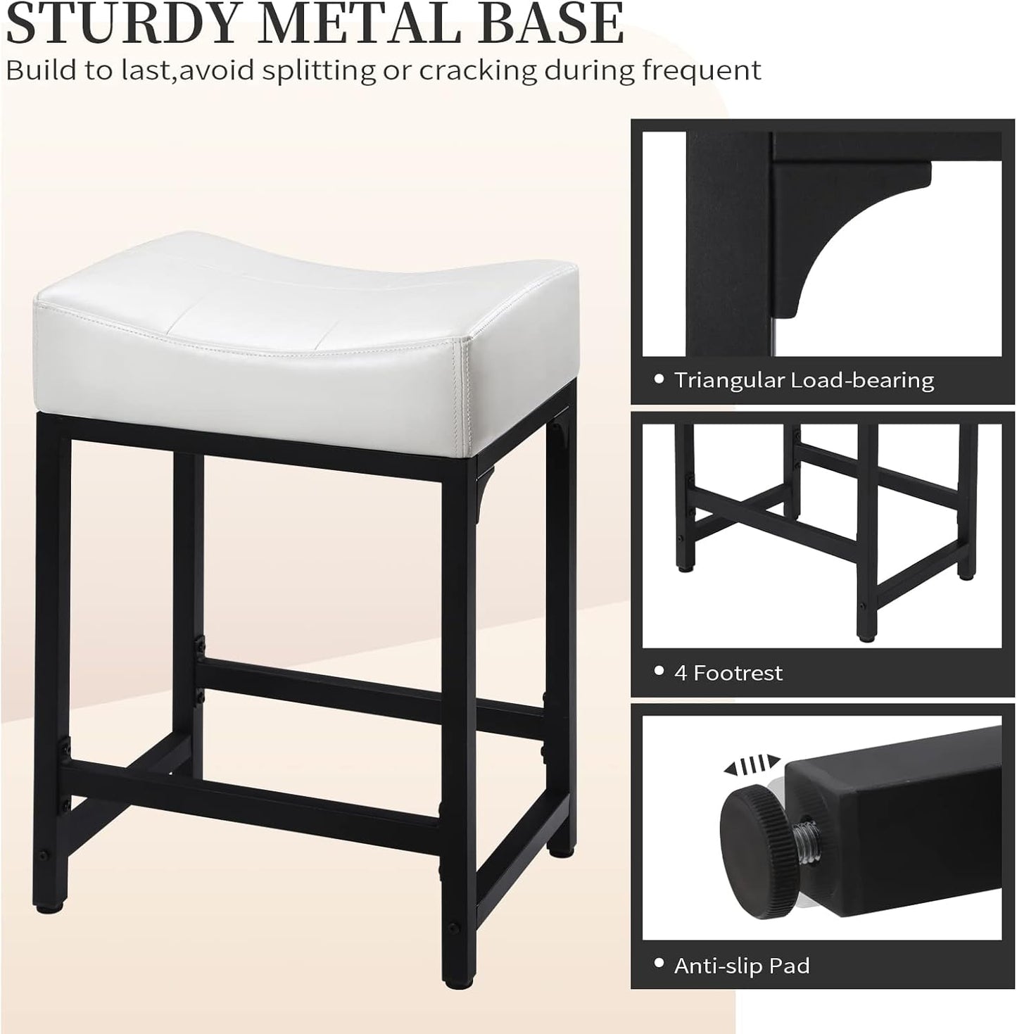 Off White Counter Height Bar Stools Set of 2, 24" White Bar Stools for Kitchen Counter with Saddle Cushion, Modern Backless Barstools Counter Stools Island Chair for Bar Kitchen