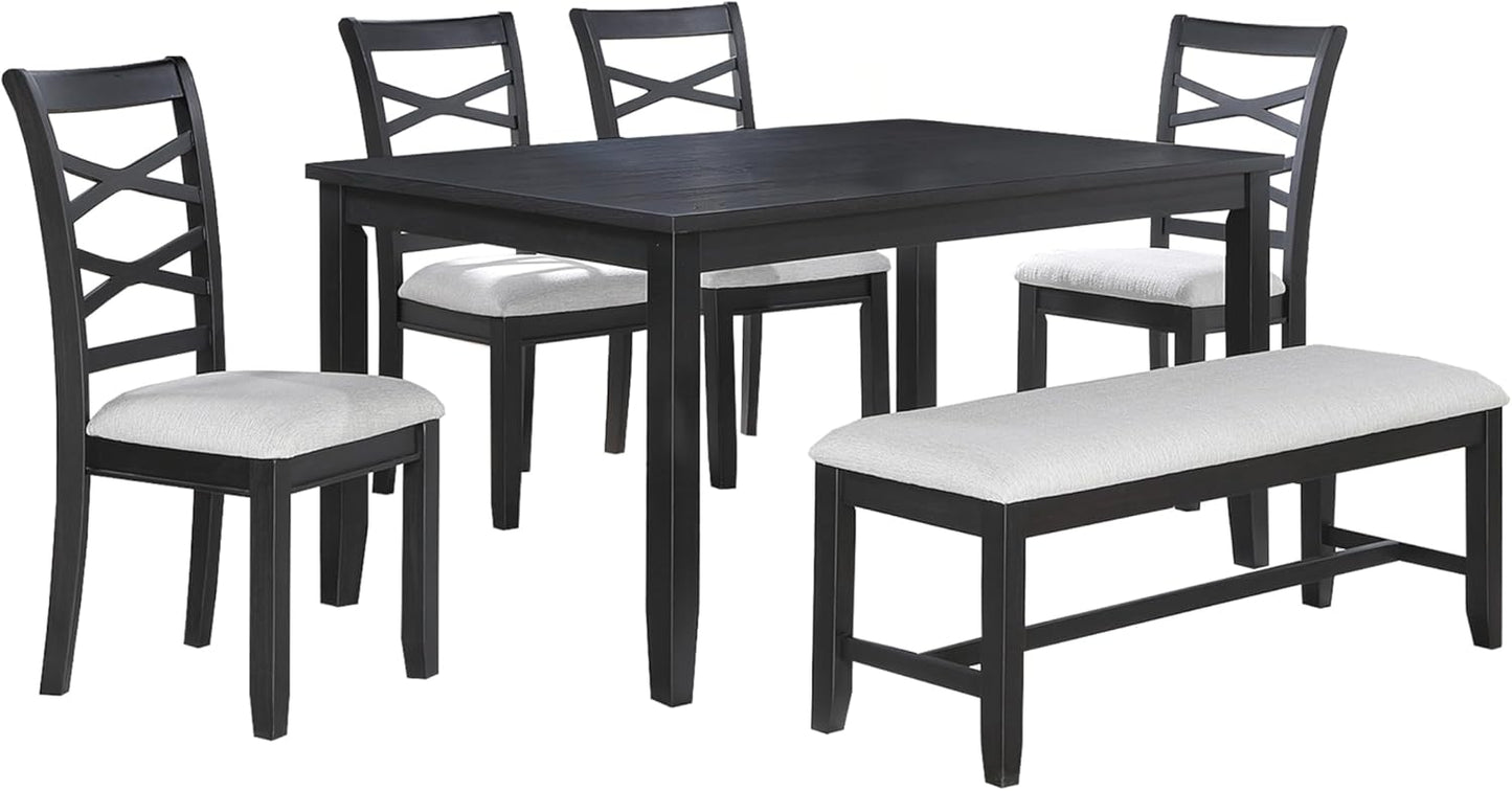 Poundex 6 Piece Charcoal Modern Dining Set with Table, 4 Chairs & Bench