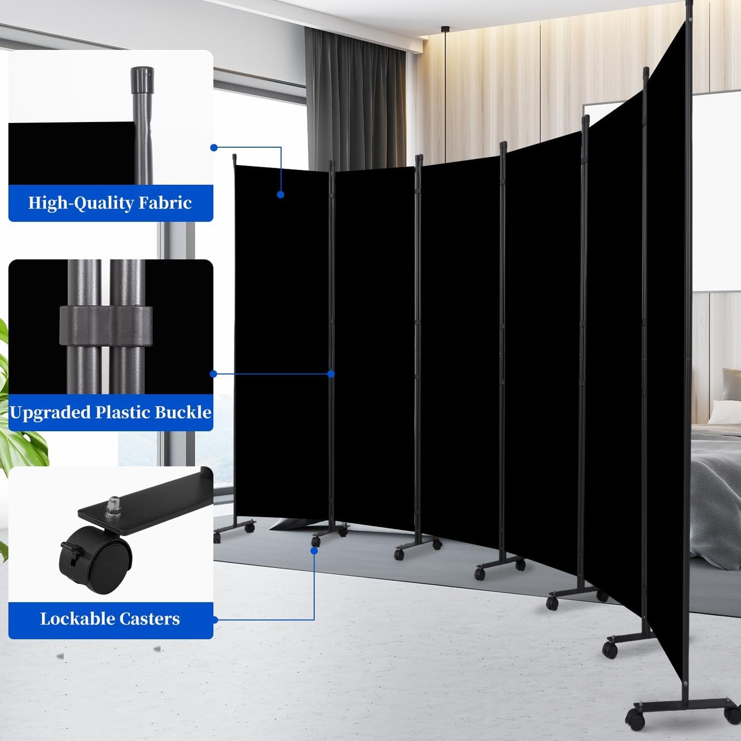 Room Divider 6FT Room Partition with Lockable Wheels, 6 Panel (Thicked Metal Base) Room Dividers, Freestanding Indoor Folding Privacy Screens, Portable Fabric Wall Divider for Room Separation, Black