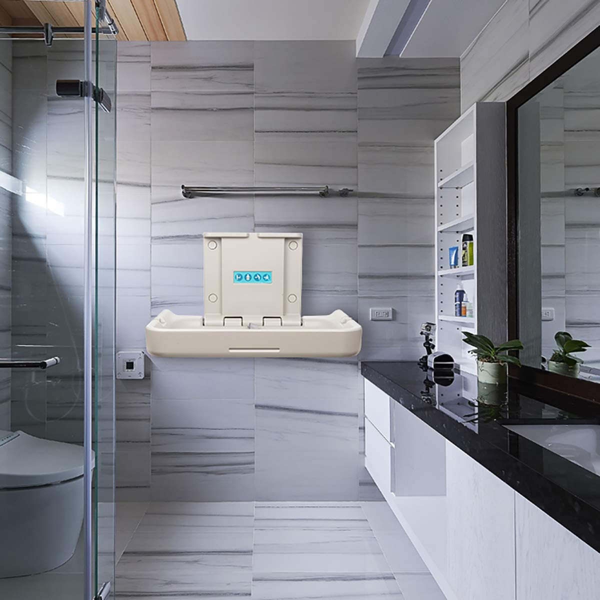 Fold Down Baby Changing Station Wall Mount Horizontal Baby Change Table with Safety Straps for Commercial Restrooms (2 White Granite)