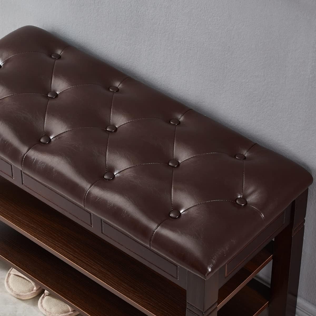 Shoe Storage Bench, Entryway Shoe Rack with Fiberleather Seat 2-Tier Lift Top Organizer Wooden Shoe Bench for Entryway Hallway Living Room (Dark Brown 31.5x13.8x18.9'')