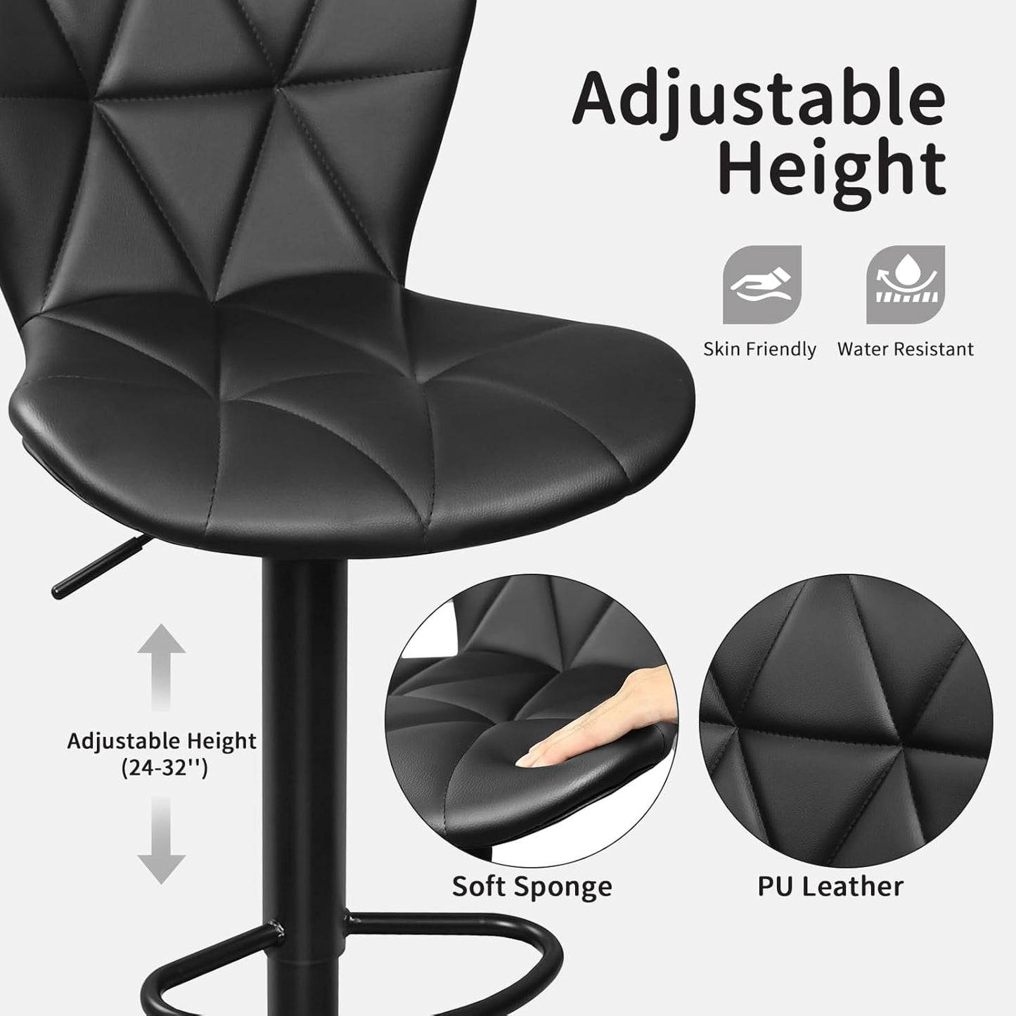 Bar Stools Set of 2, Adjustable Swivel Bar Chairs with Shell Back, PU Leather Counter Height Bar Stools for Kitchen lsland, Black