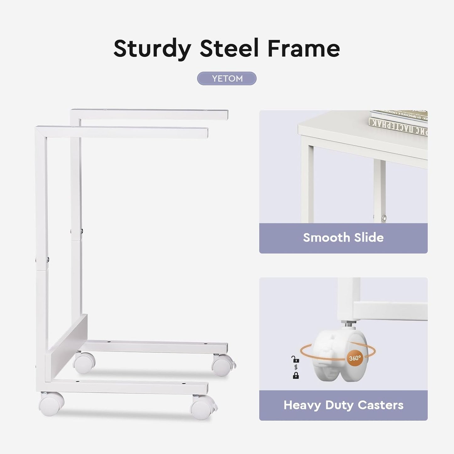 Side Table,C Table with 2-Tier Storage Shelf, End Table TV Tray with Metal Frame, Sofa Table with Wheels for Living Room, Bedroom, Office, Bathroom, Easy Assembly, White