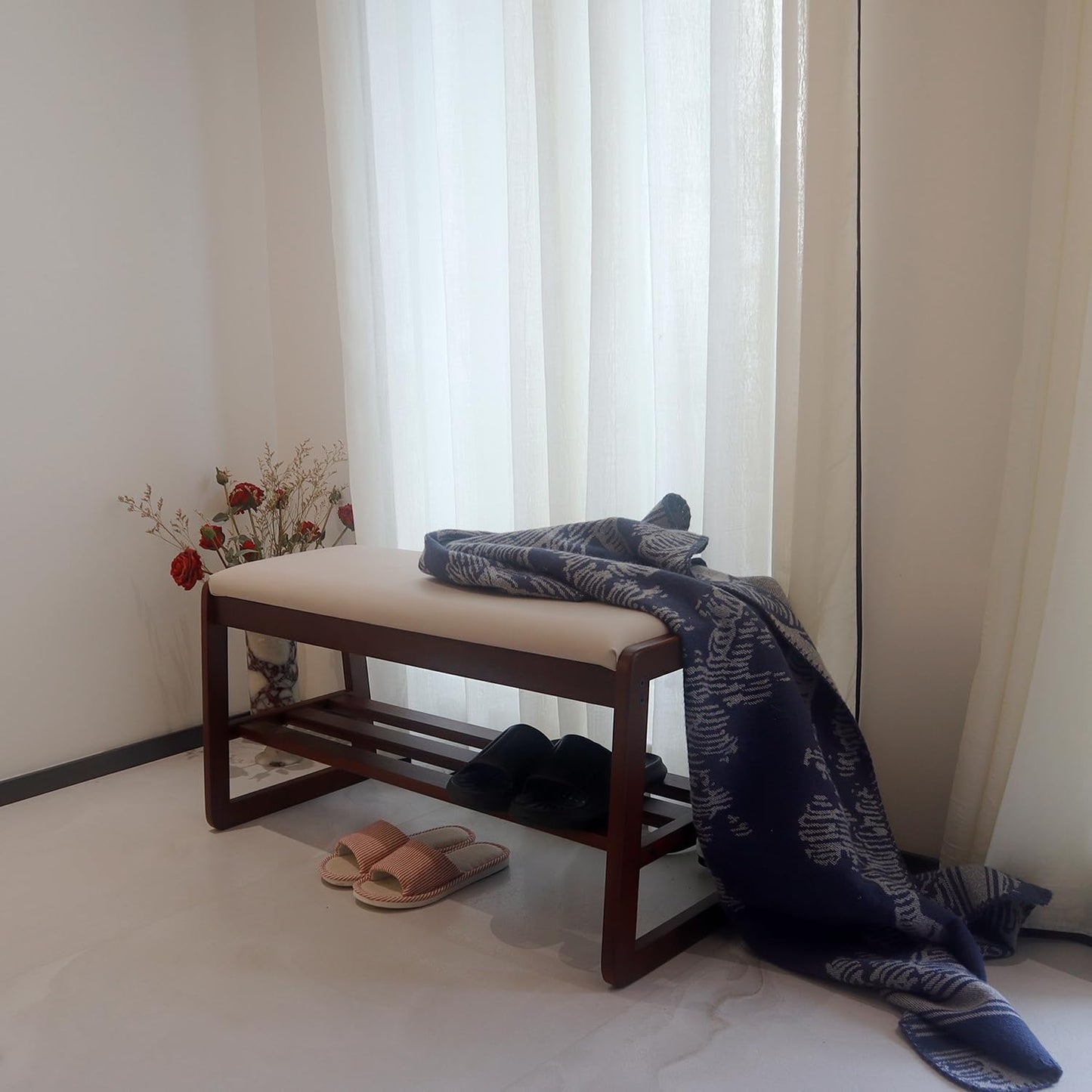 Solid Wood Shoe Rack, 2 Tier Shoe Storage Bench with Cushion Seat, 10 Pair Shoe Organizer for Entryway, Walnut, 39 Inch