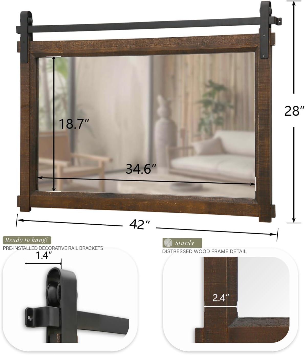 Bathroom Barn Door Mirror: 42"x28" Brown Farmhouse Wood Frame - Rustic Wall Mirror for Entryway/Living Room Wall Decor